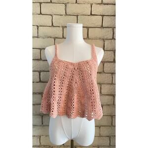 Vintage-Style Pink Crochet Babydoll Top Cotton Crop Tank Top Size Small